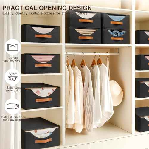 Closet Organizers and Storage - Large Stackable Storage Bins with Drawer, Fabric Bins for Organization, Collapsible Storage Drawers Organizer for Bedroom, Living Room, 4 Pack, Black