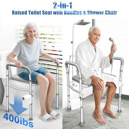 Raised Toilet Seat with Handles,2-in-1 Shower Chair & Toilet Seat Riser for Seniors, 8-Level Height & 3-Level Width Adjustment, Fits Must Body Sizes and Toilets, for Pregnant & Disabled