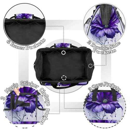 15 Inch Tool Bag 14-Pockets Tool Box Organizer for Men Big Floral Purple Tool Tote Bag Waterproof Toolbox with Shoulder Strap Heavy Duty Garden Tool Organizer for Mechanic