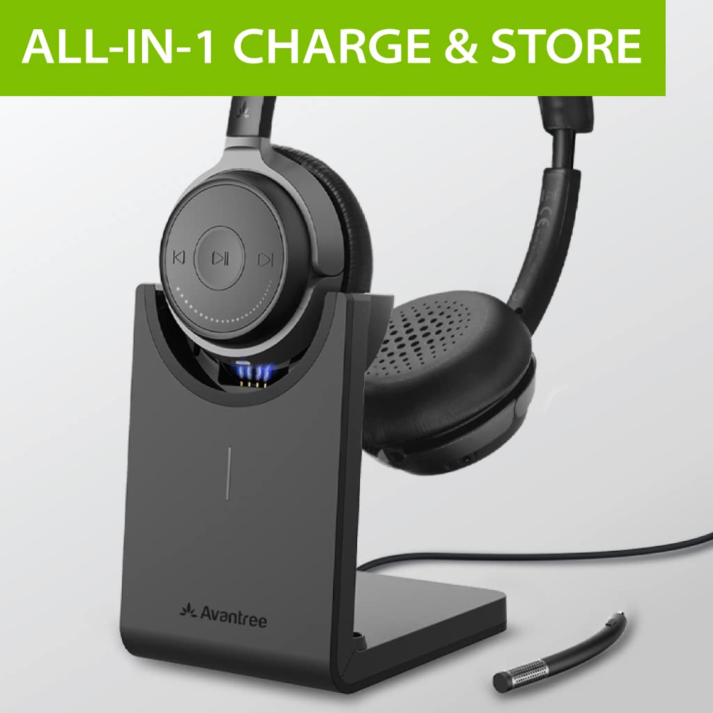 Avantree Alto Clair aptX HD Bluetooth Headset with Microphone, Mute Function, Clear Talking, Hi-Fi Music, Low Latency, Wireless Headphones with Charging Base for Computer, PC, Laptop, Skype, TV