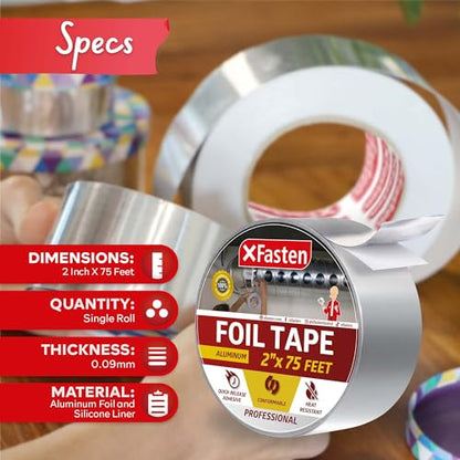 XFasten Aluminum Foil Tape for Ductwork - 2 Inches x 75 Feet, Heavy Duty, High Temp HVAC Duct Seal