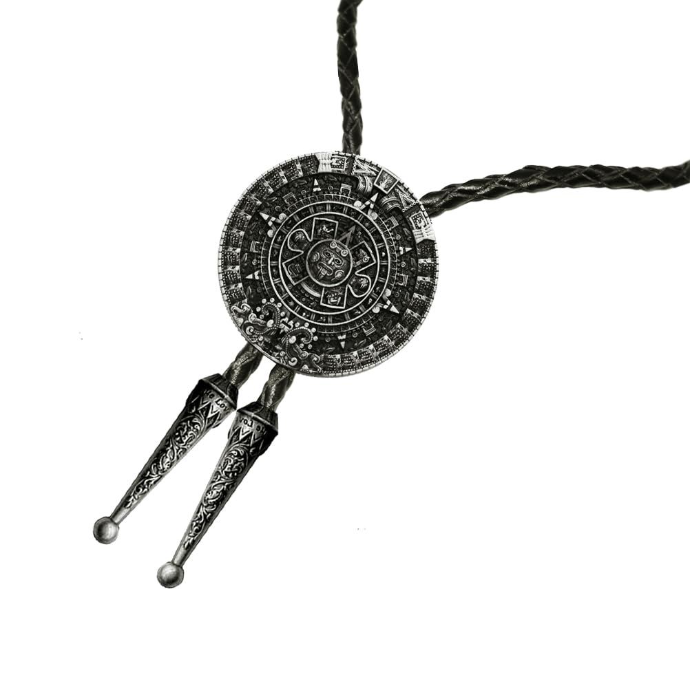 Moranse Bolo tie With Pewter Aztec Calendar Circle Design Cowboy Two Colors (Silver)