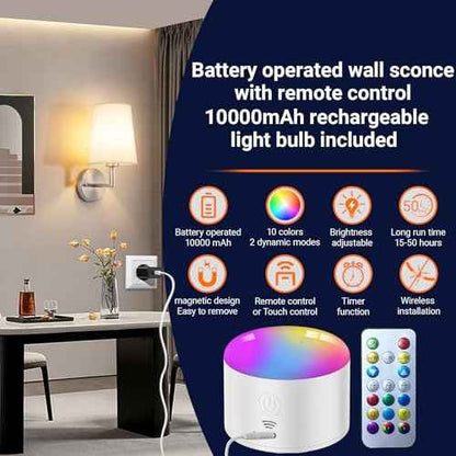 Wall Sconce Battery Operated Wall Light Fixure with Remote Control, Dimmable Battery Operated Wall Sconces Set of Two, Indoor Wireless Wall Mounted Lamp with Rechargable Bulb for Bedroom Living Room