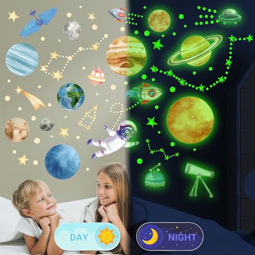 Watercolor Solar System Wall Decals, Glow in The Dark Stars, Kids Planets Sticker for Ceiling, Astronaut Wall Stickers for Bedroom, Green