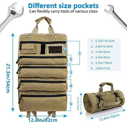 Roll Up Tool Bag, Koolertron 4 Zippers Water Resistant Wrench Tool Organizer, 900D Oxford Cloth Multi Pockets Storage for Mechanic/Electrician, Ideal Gift for Him, Khaki