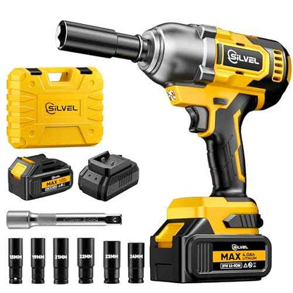 SILVEL Cordless Impact Wrench, MAX 650N.M Brushless Impact Gun 1/2 inch, 4.0Ah Battery, 6 Sockets, 3300RPM Impact Driver wih Fast Charger