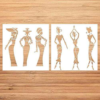 2 Pack Tribal Stencils African Lady Stencils Reuseable Stencil Templates for Painting on Paper,Wood,Tile,Canvas,Floor and Wall Decor