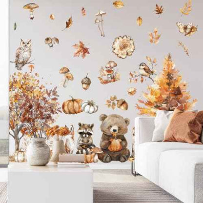 6 Sheet Fall Woodland Animal Wall Decals Autumn Forest Animal Maple Tree Mushroom Wall Cling Stickers Reusable for Thanksgiving Party Home Glass Window Decor