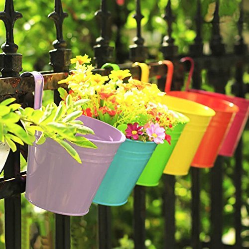 KINGLAKE Flower Pots,10 Pcs Metal Iron Hanging Flower Plant Pots Balcony Garden Plant Planter Baskets Fence Bucket Pot 4'' Flower Holders with Detachable Hook