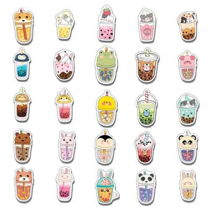 Pack 50 Pcs Cute Beverage Boba Tea Stickers for Water Bottles Waterproof Laptop Luggage Helmet Computer Teens Adults Girls Boys Funny Aesthetic Sticker Packs Small Vinyl Decals