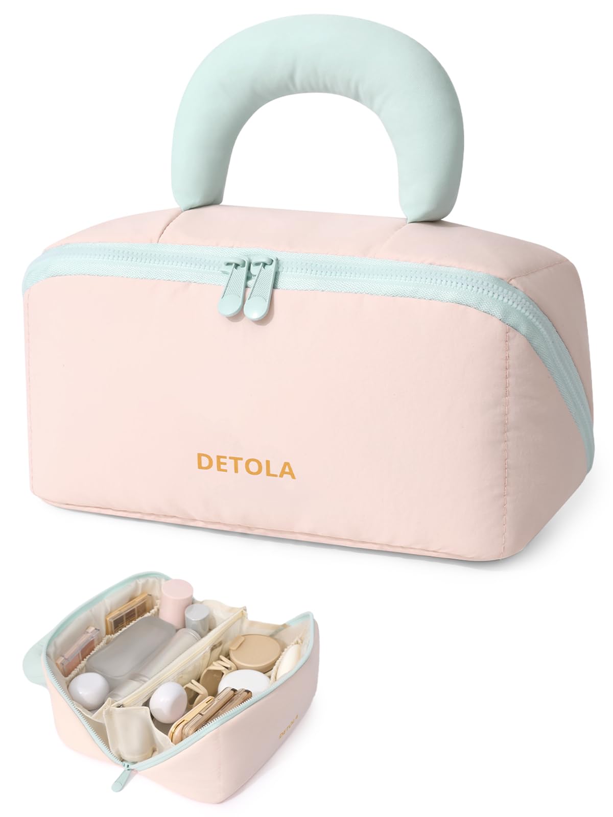 Detola Travel Makeup Bag, Cosmetic Bags for Women Lay Flat Makeup Bag with Compartments and Handle Waterproof Toiletry Bag Wide Open Portable Pouch Travel Essentials Gifts for Women, Pink