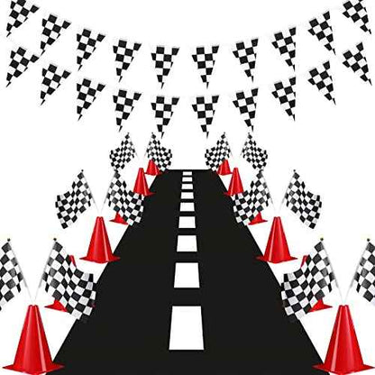 Skylety Traffic Cones and Racing Checkered Flags Set-include 12 Plastic Traffic Cones,12 Flags with Sticks,31 ft Checkered Pennant Banner and 9.8 x 2 ft Racetrack Floor Running Mat