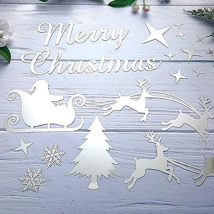 Christmas Mirror Decals Stickers Merry Christmas Santa Claus Reindeer Snowflakes Window Mirror Clings Xmas Acrylic Wall Art Decals Decor for DIY Holiday Winter Party Home Window Decor