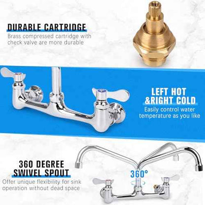 Wall Mount Kitchen Faucet 8" Center Commercial Sink Faucet with 12" Swivel Spout Dual Handles Brass Utility Sink Faucet for Laundry Room Restaurant Polish Chrome