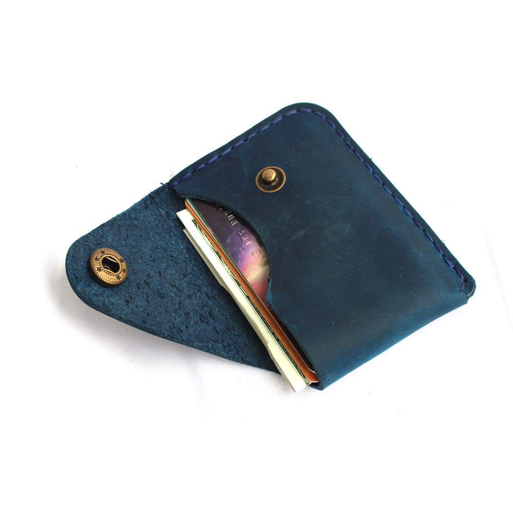 Handmade Leather Card Holder with Snap Closure - Ultra-Thin Minimalist Front Pocket Wallet, Hand-Stitched Genuine Leather Simple Card Case for Men & Women(Blue)
