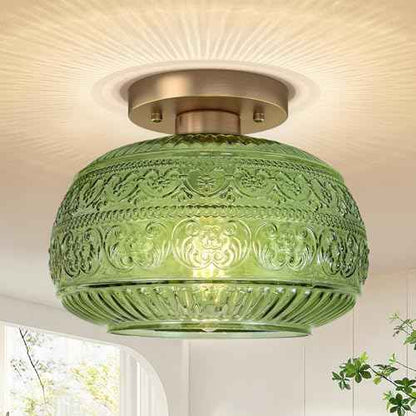 Semi Flush Mount Ceiling Light, Upgraded Modern Close to Ceiling Light Fixture with Green Glass,Gold Indoor Kitchen Lighting for Porch Corridor Hallway Bedroom, Bulb Not Included