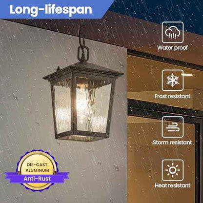 Outdoor Pendant Light, Black Outdoor Porch Light fixtures with Anti-Rust, Exterior Hanging Lantern, Height Adjustable Outside Chandelier with Water Glass for House Patio Garage