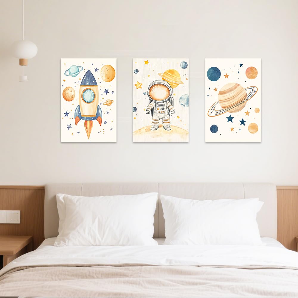 SWQYLB 3 Piece Space Wall Art for Kid Room Nursery Decor Outer Space Theme Astronauts Pictures Canvas Prints Framed Toddler Boys Girls Room Decor (11"x14"x3)