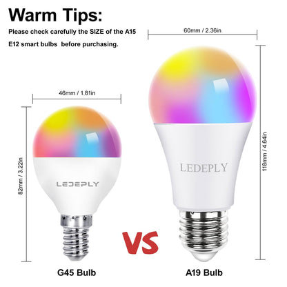 A15 LED Smart Bulb, 5W=40W,Compatible with Alexa, Google Assistant, E12 Base, Dimmable, 2.4G WiFi ONLY, RGB Color Changing, Tunable White 2700K-6500K, Globe Shape, G45 Ceiling Fan Light Bulbs 4 Pack