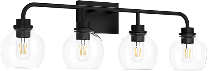 Tipace Industrial Bathroom Vanity Lighting Fixtures 4-Lights Vintage Black Finish with Globe Clear Glass Vanity Lights Farmhouse Bath Lighting(Exclude Bulb)