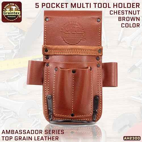 Graintex Ambassador Series 5 Pocket Multi Tool Holder, Top Grain Leather, Small Leather Pouch, Hammer Holder, Multipurpose Tool Belts for Men and Women, Ideal for Carpenters, Framers, Contractors