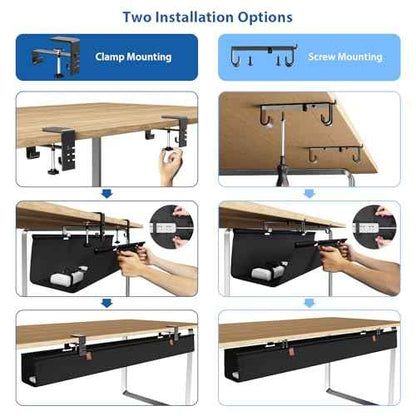 Zilink No Dril Under Desk Cable Management Tray 40" Cable Organizer Clamp/Screw Mount Premium Fabric Desk Wire Management for Office Home