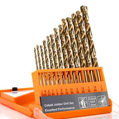 Cobalt Drill Bit Set 1/16"-1/4" 13Pcs M35 High Speed Steel with Storage Case - Perfect Drill Bits for Hard Metal, Cast Iron, Stainless Steel, Alloy
