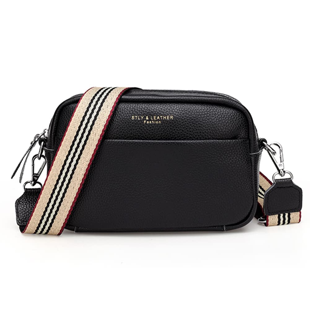 Crossbody Bag for Women Genuine Leather Wide Strap Shoulder Bag Purse Trendy Design Camera Crossbody Purse Top Zip