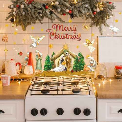 Christmas Wall Stickers Nativity Scene Wall Decals Large Holy Night Room Mural Stickers for Home Party Decor, 9.8 x 13.8 Inch, 4 Sheets