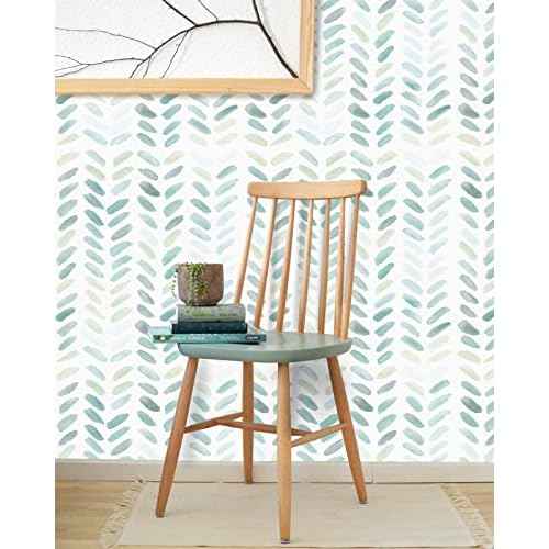 Sevalo Green and White Wallpaper Peel and Stick Wallpaper Boho17.3inW 591inL Contact Paper for Cabinets Green Herringbone Contact Paper Self-Adhesive Removable Bedroom Bathroom Waterproof Teal Kids