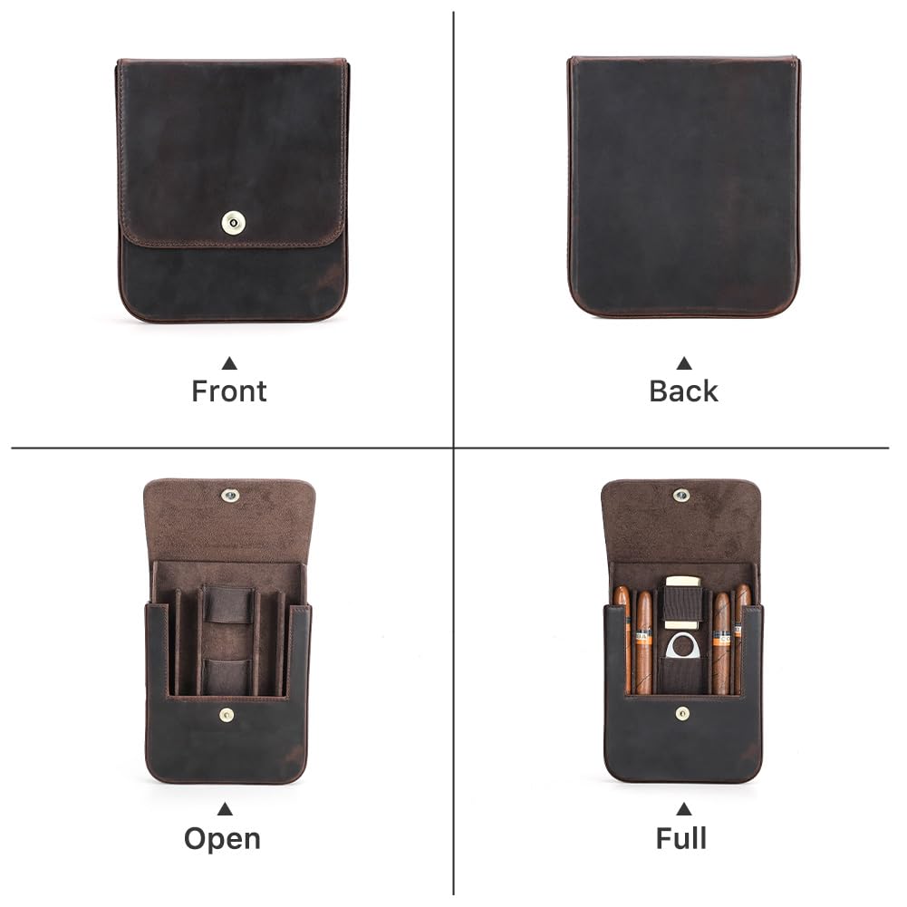Hiram Vintage Leather Cigar Case for 4 Cigars Travel Cigar Holder with Fisheye Magnetic Buckle Includes Lighter & Cutter Slots Fits 60 Ring Gauge & 6.5 Inch Length Cigars Retro Portable Pouch