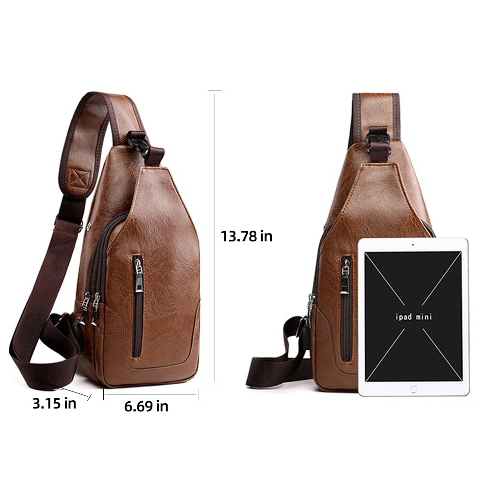Peicees Leather Sling Bag Mens Crossbody Chest Bag Sling Backpack for Men with USB Charge Port