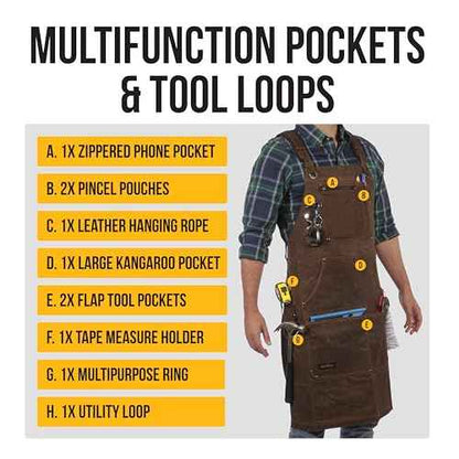 ecoZen 16oz Waxed Canvas Work Apron with Pockets - Waterproof, Fully Adjustable to Comfortably Fit Men and Women, 27 x 34 inches, Tough Tool Apron for Lasting Protection - Brown, Size S to XXL