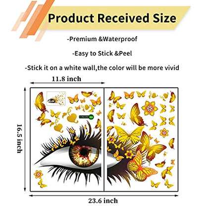 Creative Beautiful Girl Eyes Wall Sticker, Flying Butterfly Wall Decals, Girl Long Eyelashes Heart D?cor, DIY Art Vinyl Mural for Couple Lovers Girls Bedroom Living Room Decoration(Yellow)