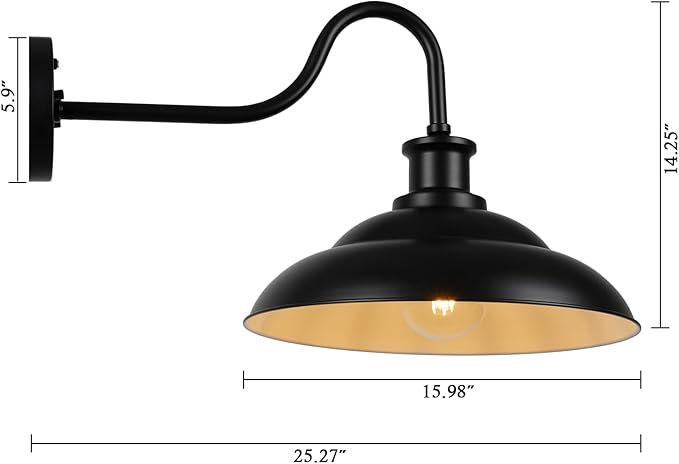 Dusk to Dawn Outdoor Gooseneck Barn Light Fixtures, 16 Inch Dome Large Wall Sconce Farmhouse Exterior Wall Mount Light for House Garage Patio Doorway