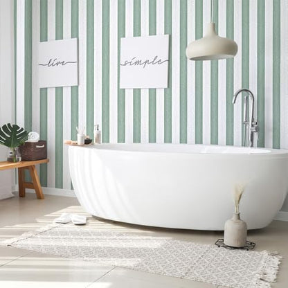 Striped Sage Green Wallpaper Peel and Stick Boho Silver Stripe Textured Contact Paper 15.7"x118" Self Adhesive Removable Waterproof Vinyl Wallpaper for Bedroom,Cabinets,Drawer Liners