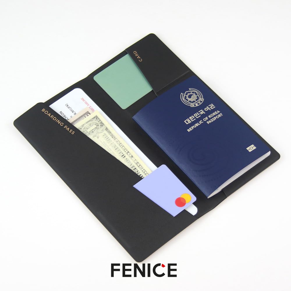 Fenice Long Classic Cover Holder Wallet Case for Travel Essential RFID Blocking Vegan Leather Waterproof (BLACK)