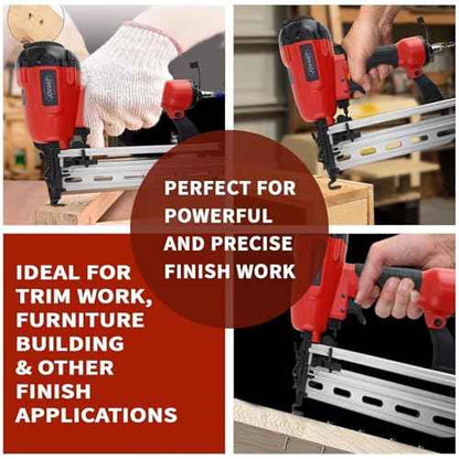 Pnumatic Finish Nailer,16Gauge nail Gun Acepts 3/4 Inch up to 2-1/2 Inch finish Nails.Brad Nailer Gun Can Hit Hardwood Ideal for Upholstery, Woodworking Door (Include portable bag)
