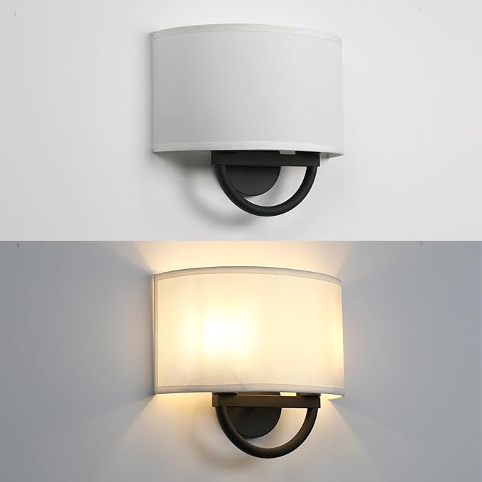 Industrial 2-Lights Wall Sconce Fixture with White Fabric Shade, Double Arm Wall Light Lamps Decor for Hallway Bedroom Living Room Bathroom Stairway