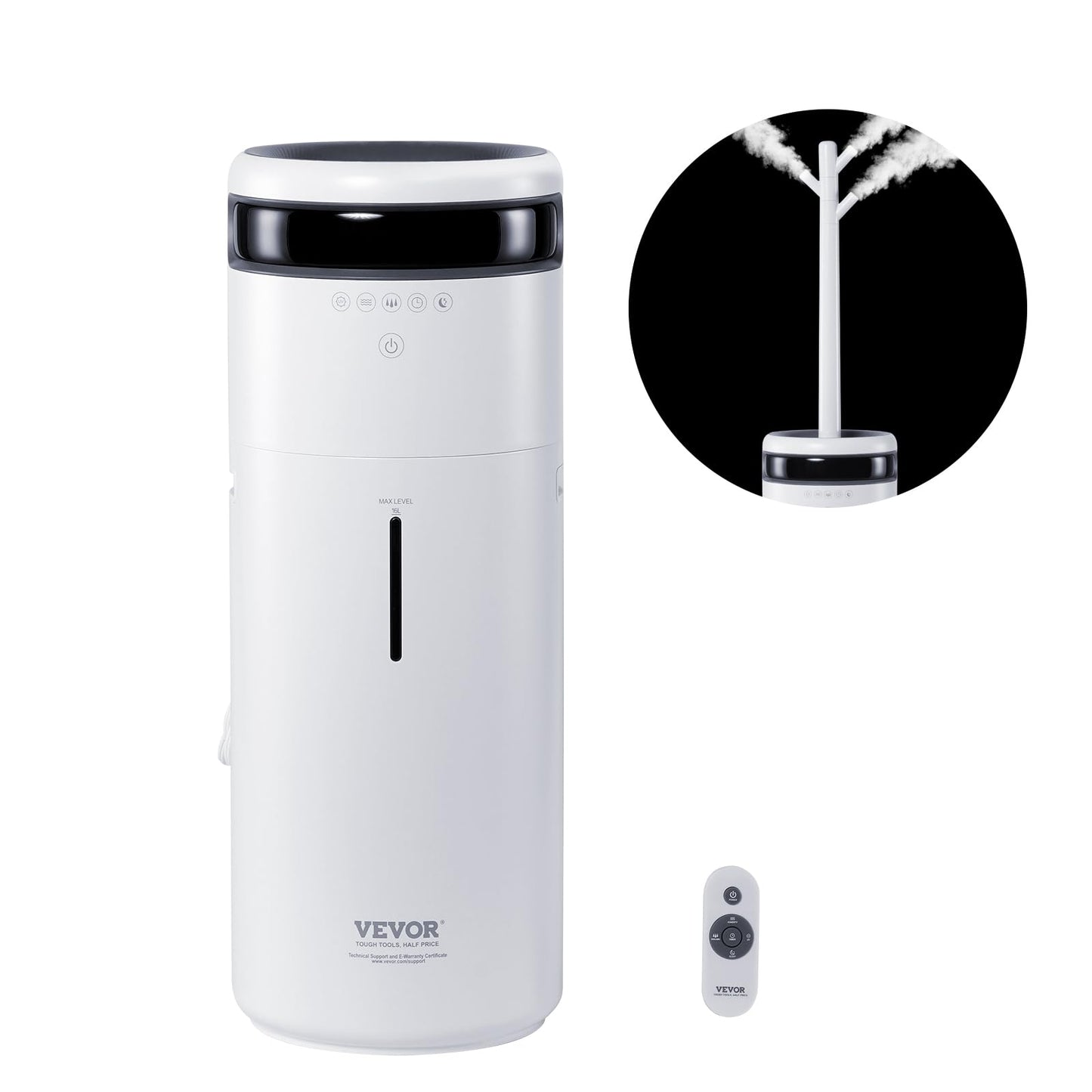 VEVOR Humidifier for Home Large Room, Commercial Humidifier for Whole House 1291.7 sq ft, 16L Water Tank & Night Light & 12h Timer & Auto Shut-Off, Greenhouse, Commercial Branch Tube w/ 360° Nozzle