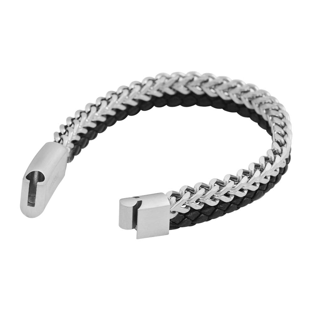 Edforce Stainless Steel Men's Two-Strand Braided Genuine Leather and Franco Curb Chain Bracelet (Silver)