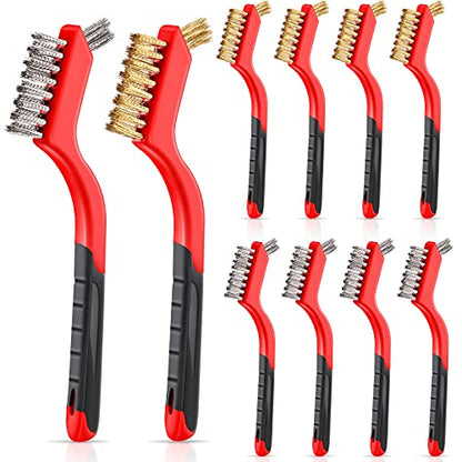 Patelai 10 Pcs Wire Brush Set Stainless Steel Brass Nylon Wire Brushes with Handle for Cleaning Narrow Areas Rust Removal Paint Scrubbing (Classic)
