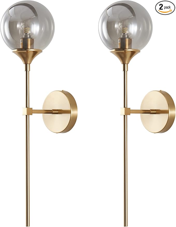 KCO Mid-Century Modern Wall Mounted Sconces Set of 2 Smoke Gray Glass Globe Wall Lamps with Long Arm Industrial Gold Wall Lights Fixture for Bedroom Bedside Stairway Hallway