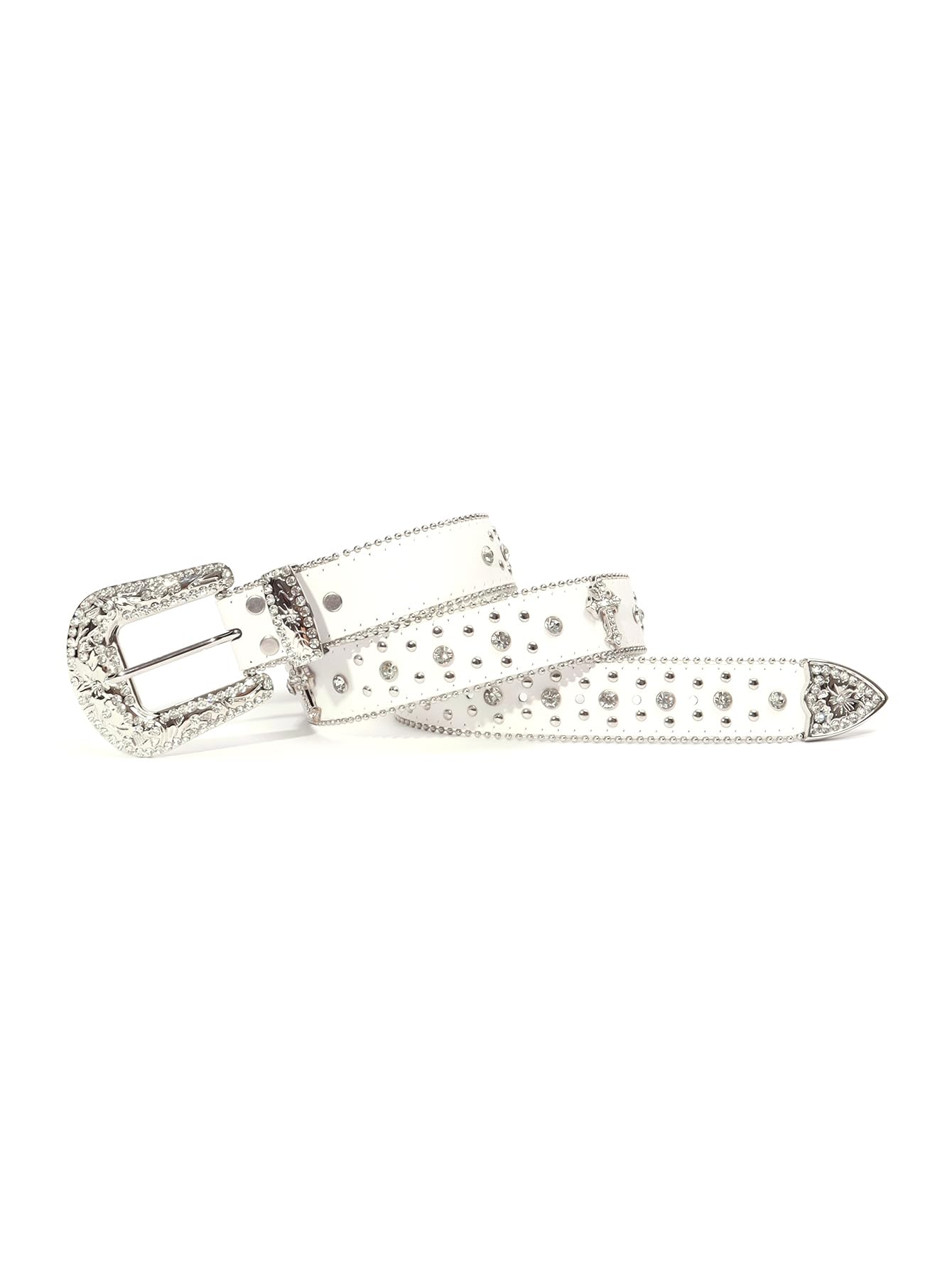 Strapvia Rhinestone Belt for Men & Women, Western Cowboy Cowgirl Belt with Bling Cross Design for Jeans (Full white, waist size 38"-41")