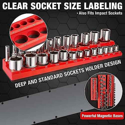 ALOANES 54-Slot Magnetic Socket Organizer - 2PC Holder Kit, Premium Tray Holders for Standard & Deep Metric Sockets, Heavy Duty 3/8-inch Drive Tool Organizer (Red & Blue)