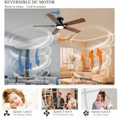 Ceiling Fans with Lights, 52 Inch Low Profile Ceiling Fan with Light and Remote, Flush Mount Ceiling Fan, 3CCT, Dimmable, Noiseless, Ceiling Light Fan for Bedroom, Indoor/Outdoor Use,Brown