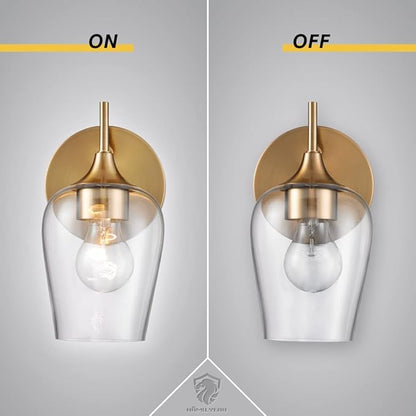 Hamilyeah Brass Wall Sconce Lighting Fixture, Gold Bathroom Lighting with Clear Champagne Glass Shade, Classy and Simple Wall Lights for Bedside, Theater, Dining Room,Rest Room