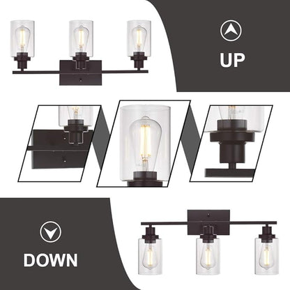 MELUCEE 3 Light Bathroom Vanity Light Oil Rubbed Bronze, Industrial Wall Light Fixture with Clear Glass Shade Sconces for Bedroom Porch Kitchen Living Room (Patent No.: US D963914 S)