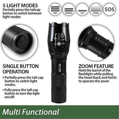 EcoGear FX LED Flashlights - Small Camping Flashlights with High Lumens, 5 Light Modes, Zoomable Beam - Bright Tactical Flash Light for Outdoor Home and Emergency [2 Pack]