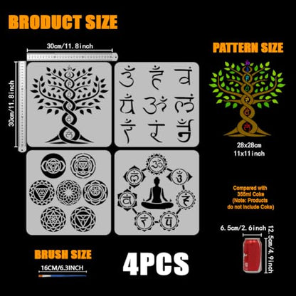 FINGERINSPIRE 4 Styles Religious Themes Stencils with a Brush 11.8x11.8Inch Chakra Symbols Painting Stencil Yoga Pattern Template PET Tree of Life Om Symbols Template for Wood Wall Floor Tiles